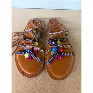 Target Pom Pom Gladiator Sandals Lace Up Boho Multi Color Strappy Flats Size 7.5